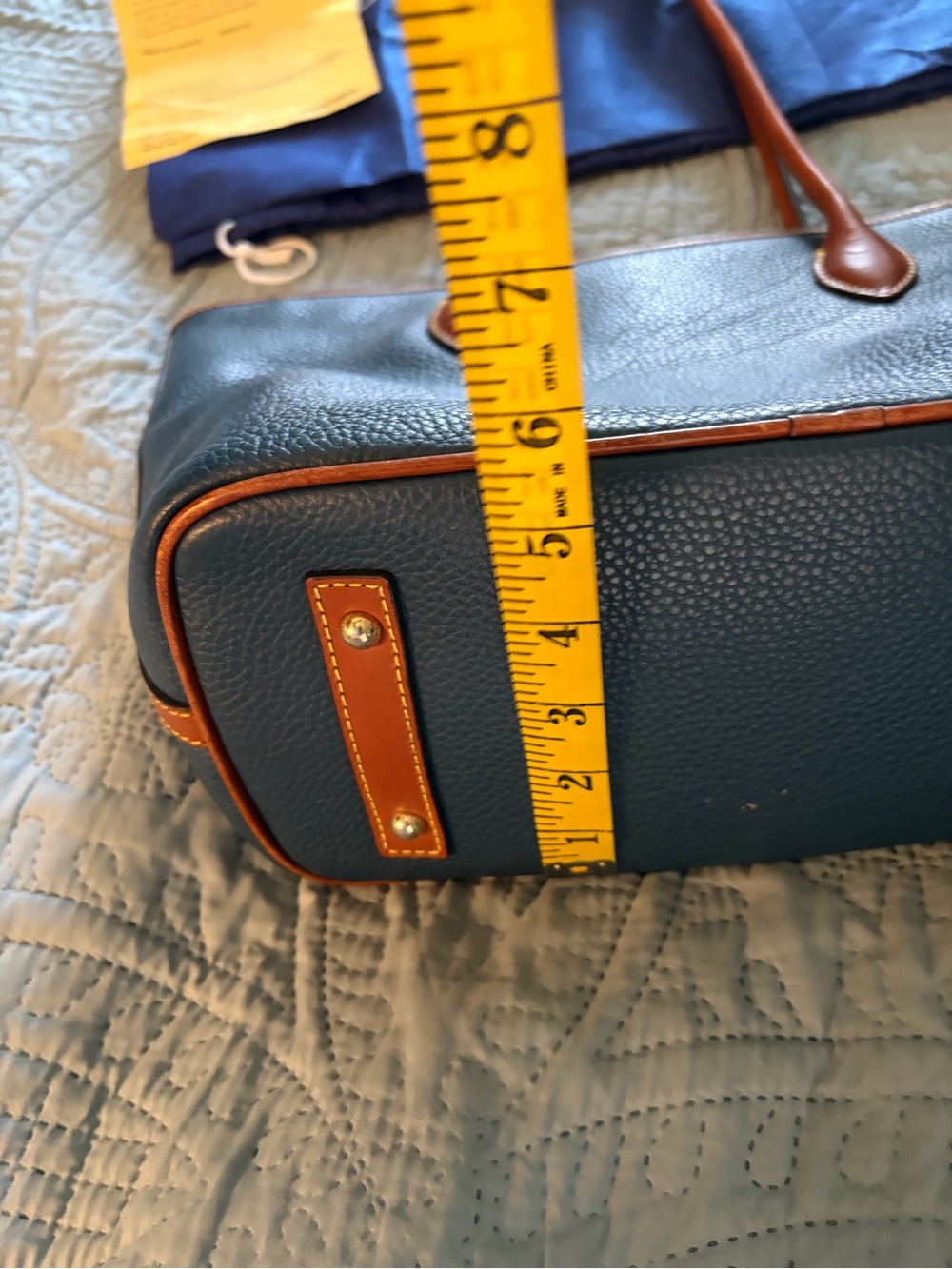 Dooney & Bourke denim blu Pebbled Leather Tote with Brown Trim and Gold Hardware - Picture 10 of 11
